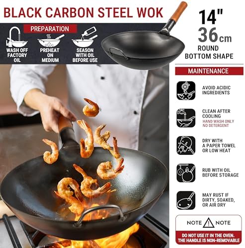YOSUKATA 14" Black Carbon Steel Wok with Round Bottom