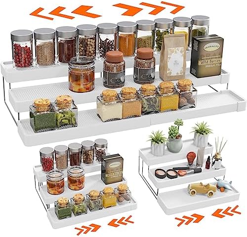 Expandable Spice Rack Organizer for Cabinet - 3 Tier Adjustable Cabinet Spice Organizer Easy Visibility - Spice Organizer for Cabinet Countertop Cupboard Pantry Organization (White)