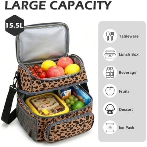 FlowFly Double Layer Cooler Insulated Lunch Bag Adult Lunch Box Large Tote Bag for Men, Women, With Adjustable Strap,Front Pocket and Dual Large Mesh Side Pockets