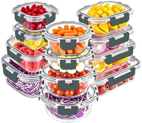 VERONES 12 Packs Glass Food Storage Containers Set with Lids, Grey