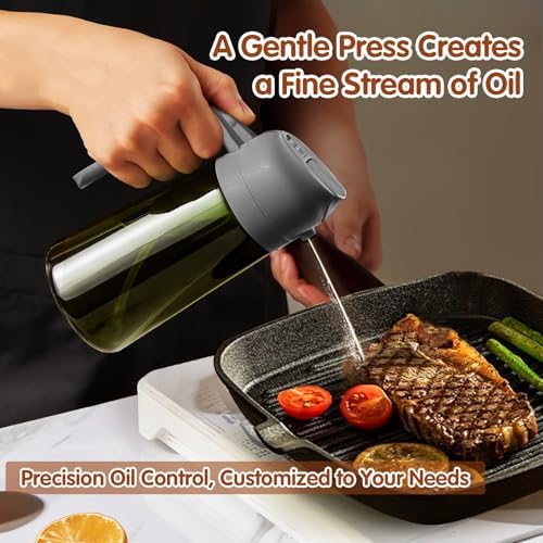 YARRAMATE 16oz/470ml Dark Green Oil Sprayer for Cooking with Stickers, Food-grade Premium 2 in 1 Olive Oil Dispenser Bottle for Kitchen Gadgets, Air Fryer, Salad, Frying, BBQ (Grey)