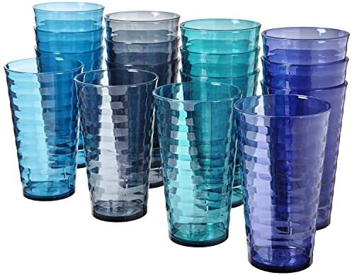 US Acrylic Splash [Set of 16] 18 ounce Plastic Stackable Water Tumblers in 4 Coastal Colors Value Set of Drinking Cups, Reusable, BPA-free, Made in the USA, Top-rack Dishwasher Safe