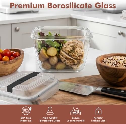 Razab 2700ml / 91oz / 11.5 Cups Large Glass Food Storage Container with Lid - Leakproof Glass Meal Prep Container for Roasting & Storing Leftovers, Glass Lunch Container, Microwave & Oven Safe