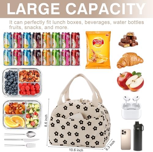 TESAFNG Lunch Bag - Insulated Lunch Box for Women, Reusable Large Capacity Cooler Bag for Adult, Small Leakproof Cute Corduroy Lunch Tote for Work Office Travel Picnic (Corduroy Black-Flower)