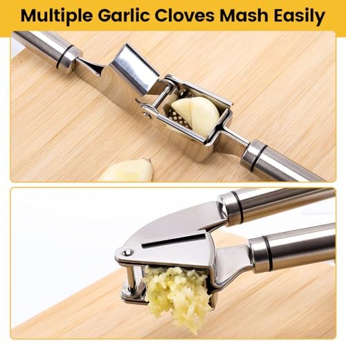 BURLIHOME Stainless Steel Garlic Press Mincer,Heavy-Duty,Purple Peeler Tube