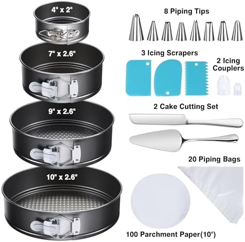 139PCS Springform Cake Pan Set - 4 Non-stick Cheesecake Pans(4/7/9/10-Inch) + Cake Decorating Supplies: Parchment Paper, Pastry Bags and Tips, Icing Scrapers, Cake Cutting Set & More