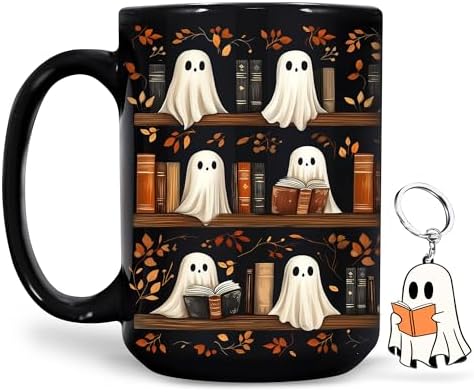 Hyturtle Cute Ghost Read Book Mug - Black Coffee Cup Ceramic Mug 15 Oz And Keychain - Book Gifts For Women Lover - Bookish Gift For Bookworm Librarian - Inspirational Librarian Present For Halloween