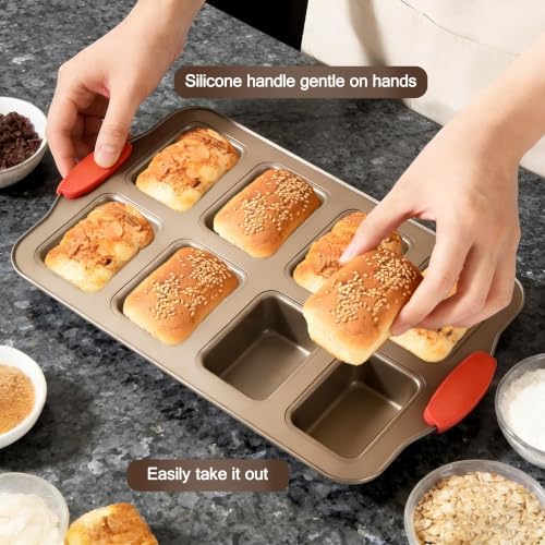 2 Pack Mini Loaf Pans, 8 Cavity Loaf Baking Pans With Silicone Handle, Gold