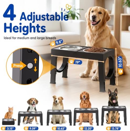 XIAZ Elevated Dog Bowls Large Breed Raised Dogs Bowl Stand Large/Medium Sized Dog Stainless Steel Food Water Bowl Stands 5 Heights Adjustable 9/11/12/14in Black Pet Feeder Dish Station