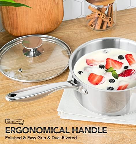 MICHELANGELO 4 Quart Saucepan with Lid, Thick Bottom Stainless Steel Saucepan with Cover, 4 QT Sauce Pot, Induction Ready & Dishwasher Safe