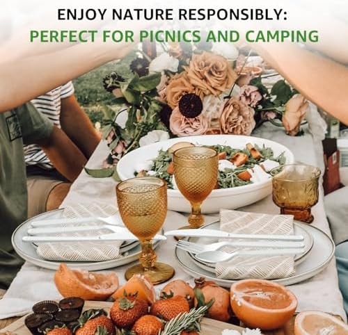 450 Counts Compostable Forks Spoons Knives Set Disposable Forks Utensils Heavy Duty Silverware Eco Friendly Flatware for Party Camping Picnics White forks spoons and knives set