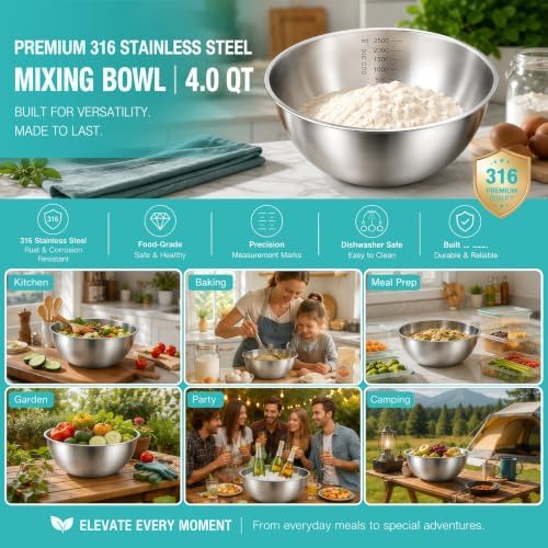 Stainless Steel Mixing Bowls Set of 3, 1.5/2.5/4 Qt, Nesting Bowls