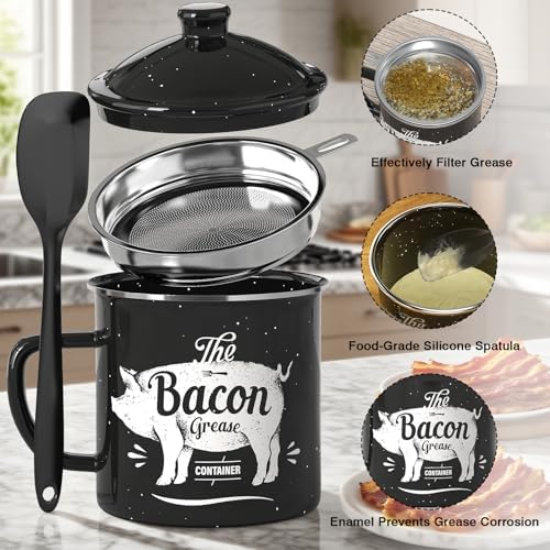 PGYARD Bacon Grease Container with Strainer-46OZ Enamel Keeper with Spatula