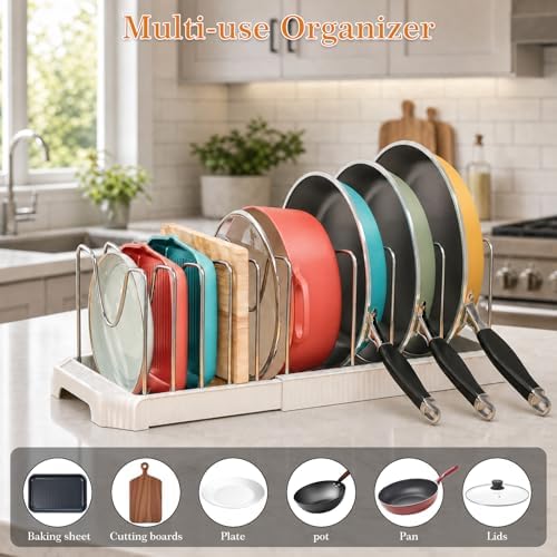 1 Pack Expandable Pots and Pans Organizer Under Cabinet, 13-22" Kitchen Cabinet Organizer with 10 Adjustable Dividers and 10Pcs Pot Protectors for Lids, Baking Sheets & Cookware (1, White)