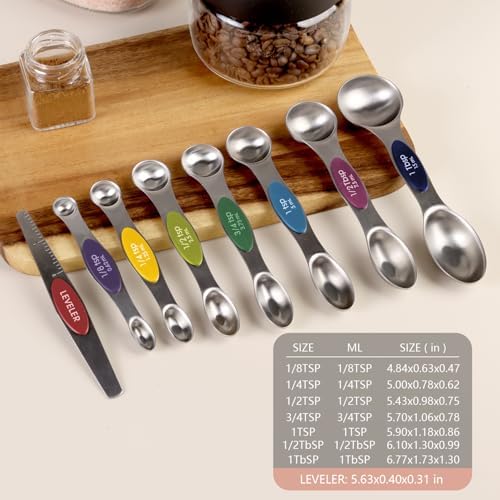 ChefAide Set of 8 Magnetic Measuring Spoons, Stainless Steel, Dual Sided
