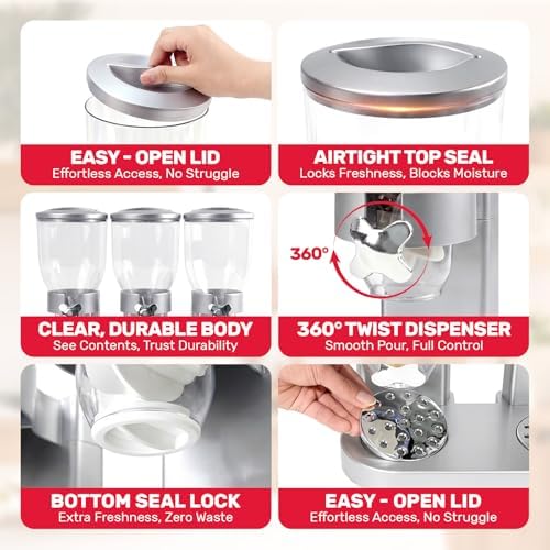 Triple Cereal Dispenser, 3 Pack 2L Large Cereal Containers Storage