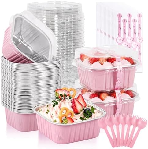 50 Pack Mini Cake Pans With Lids And Spoons,5oz Square Aluminum Foil Brownie Baking Cups,Small Cake Tins,Individual Cake Pans With Lids for Wedding Birthday Party (Pink)
