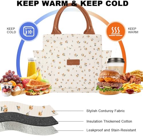 Joymee Lunch Bag Women Insulated Corduroy Reusable - Yellow-Floral