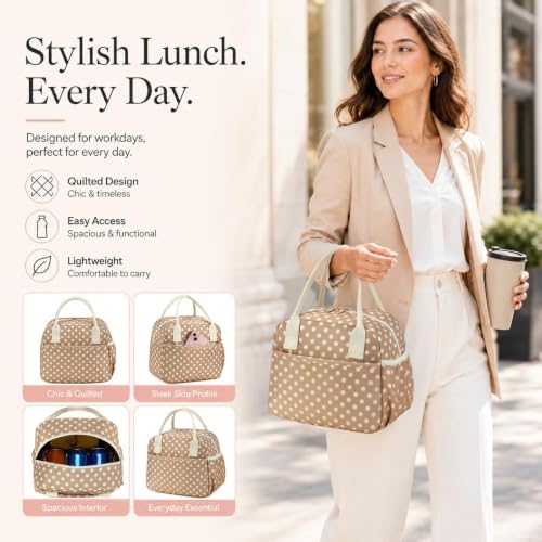 CAMTOP Lunch Box for Women Men Insulated Lunch Bag Lunch Tote Bag Leakproof Thermal Cooler Large Capacity for Travel Work School Picnic (Polka Dot Brown, Medium)