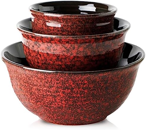 HASENSE Ceramic Mixing Bowls, Large Serving Dishes Set of 3 for Cooking, Baking, Prepping, Porcelain Nesting Bowls for Salads, Fruit, Popcorn, Cereal, 2.1/1.0/0.5 Qt, Dishwasher & Microwave Safe, Red