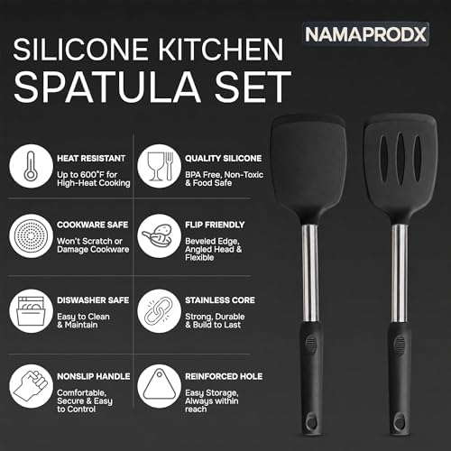 Silicone Spatula Set (2-Pc) - 600°F Heat Resistant, BPA-Free, Non-Scratch, Dishwasher Safe I Slotted & Solid Kitchen Spatula Turner I Ideal for Eggs, Pancakes, Fish I Stainless Steel I Black
