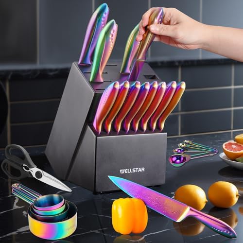 Rainbow Knife Block Set 27-Piece, Iridescent German Stainless Steel Kitchen Knives Set with Wooden Holder, Colorful Titanium Coating, Include Scissors and 2-Stage Built-in Sharpener and 8pcs Gadgets