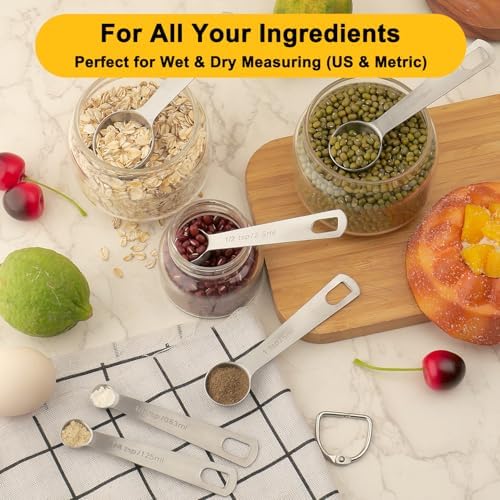 Stainless Steel Measuring Spoons Set, 6 Piece Metal Measuring Spoon Set for Dry & Liquid Ingredients, Heavy Duty 18/8 Steel with Engraved US & Metric Marks, Nesting Kitchen Spoons for Cooking Baking