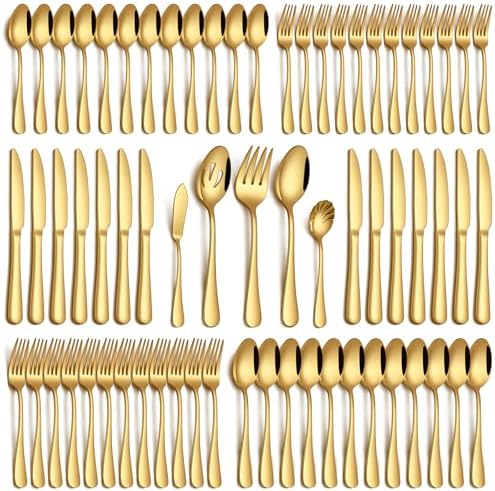 PHILIPALA 65 Piece Gold Silverware Set with Serving Utensils, Stainless Steel Flatware Set for 12 Food Grade Novelty Cutlery Utensil Set Include Knife Fork Spoon Mirror Polished Dishwasher Safe