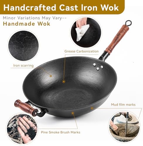 WANGYUANJI 14.1" Cast Iron Wok with Glass Lid, Flat Bottom