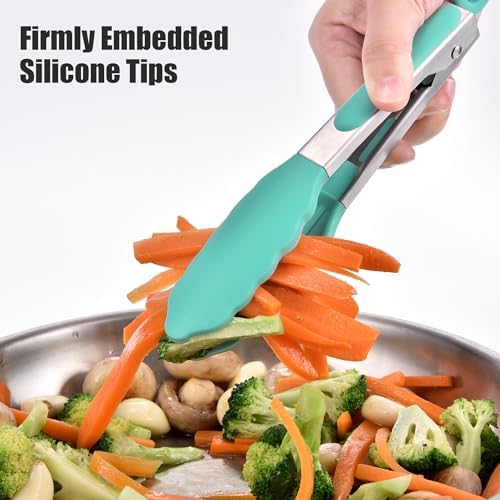 Doosu Kitchen Tongs with Silicone Tips for Cooking Serving (7in, Aqua Sky)