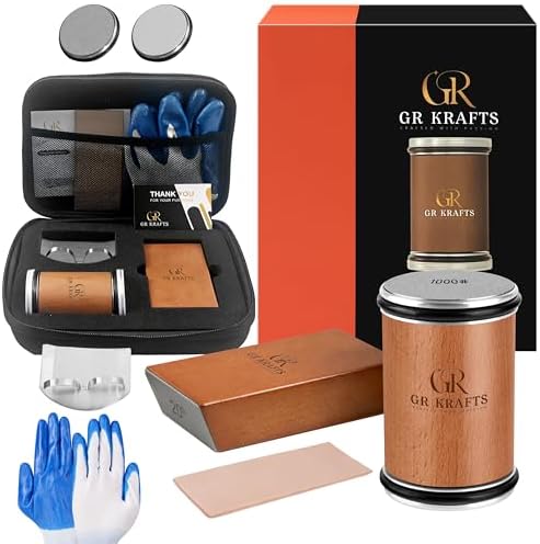 Rolling Knife Sharpener Kit with 1000 & 3000 Grit Discs, Magnetic 15°/20° Angle Guide for Kitchen Knives, Finger Protector, Leather Strop & Carry Bag