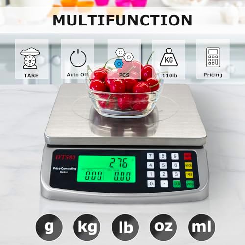110lb Food Scale, Digital Kitchen Scale with Price Computing Commercial Scale 5 Units, Hold, Tare, PCS, 304 Stainless Steel for Baking, Cooking, Meat, Counting, Adapter Included