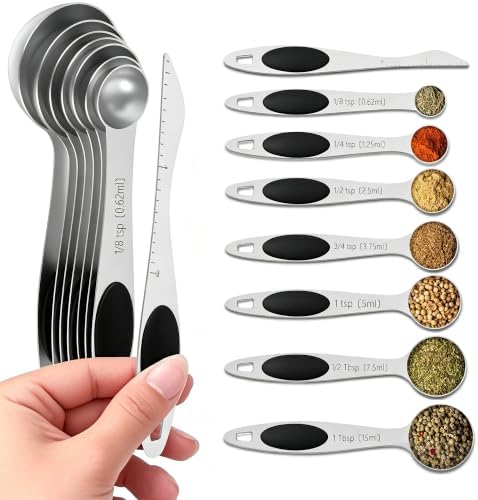 Measuring Spoons,Magnetic Measuring Spoons Set,304 Stainless Steel 7 Single Side Measuring Spoons Set and 1 Leveler with Strong N45 Magnetss,Heavy Duty Metal Kitchen Gadgets for Baking & Cooking