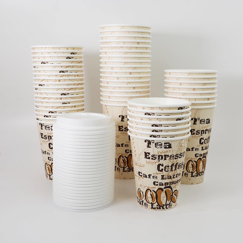 Amazon Basics Disposable Hot Paper Coffee Cups with Lids, To Go, Café Design, 16 oz, 100-Count