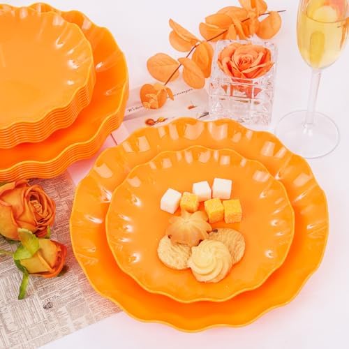 LIYH 24 Orange Plastic Plates Reusable for Thanksgiving Halloween 12 Guests