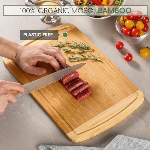 Large Wooden Cutting Board for Kitchen Meal Prep & Serving - Bamboo Cutting Boards with Juice Groove Side Handles, Charcuterie & Chopping Butcher Block - 100% Organic Bamboo, Pre Oiled, 16" x 10"