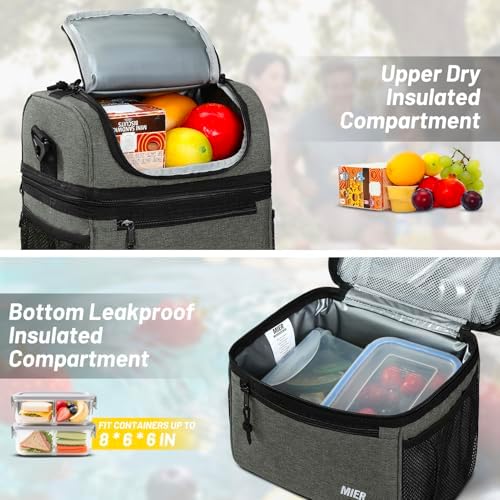 MIER Insulated Lunch Box Bags for Men Women, Dual Compartment, Grey