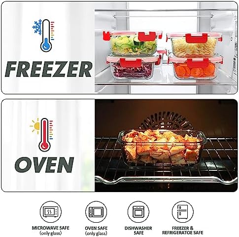 VERONES 12 Packs Glass Food Storage Containers Set with Lids, Red