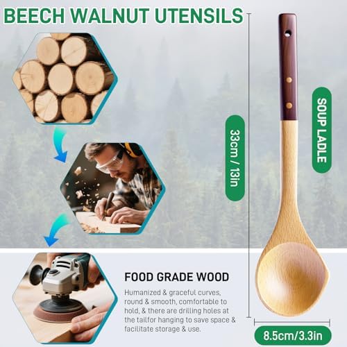 Wooden Soup Ladle, Beech & Walnut Handle Kitchen Utensil for Serving