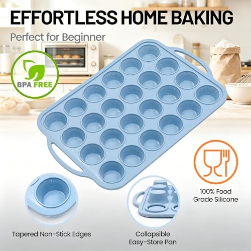 Mini Cupcake Pans, Metal Reinforced Frame Silicone Mini Muffin Pan 24 Cups