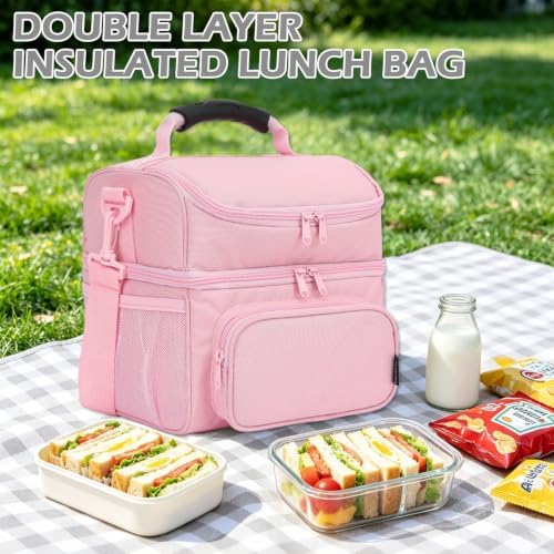 FlowFly Double Layer Cooler Insulated Lunch Bag Adult Lunch Box Large Tote Bag for Men, Women, With Adjustable Strap,Front Pocket and Dual Large Mesh Side Pockets