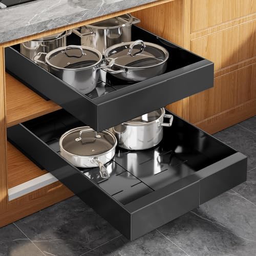 Seinloes 2 Pack Expandable Pull Out Cabinet Organizer 21" Deep with Raising Pad for Framed Cabinets,Upgrade 3 Slide Rails Slide Out Drawers,Roll Out Shelves Adhesive,Adjustable Width 9"-14.1" Black