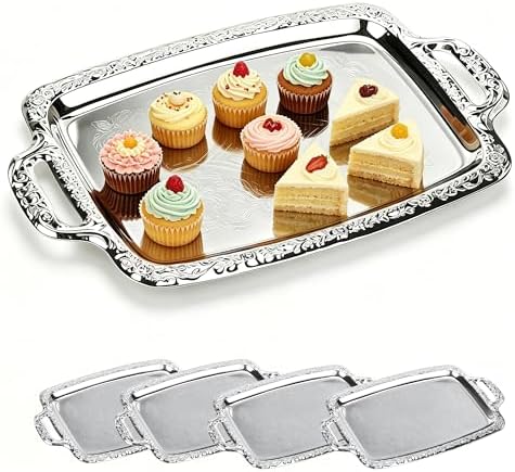 4-Pack Large Rectangle Silver Serving Trays, 15.4" x 9.3" Stainless Steel Mirror Finish Platters for Party, Wedding, Buffet, Dessert, Appetizer and Catering Display