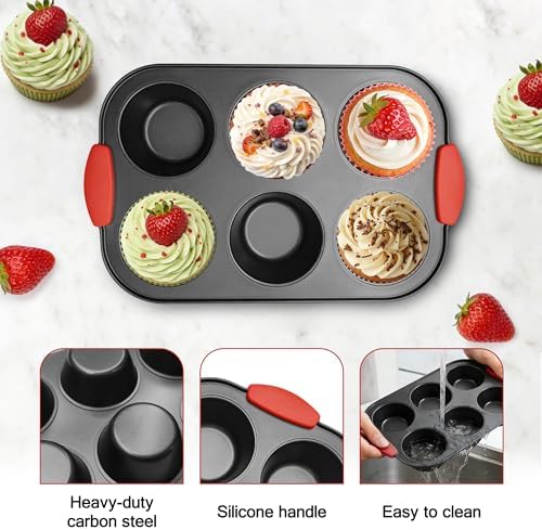 Jumbo Muffin Pan with Silicone Handles, Non Stick 6 Tin Muffin Top Pan