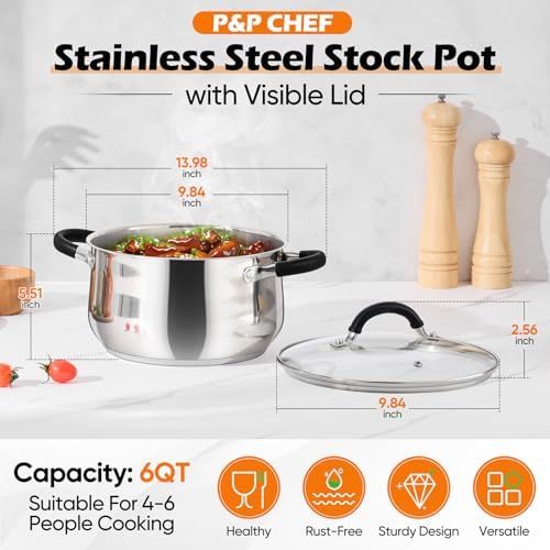 P&P CHEF 6 Quart Stainless Steel Stock Pot, Cooking Pot with Visible Lid