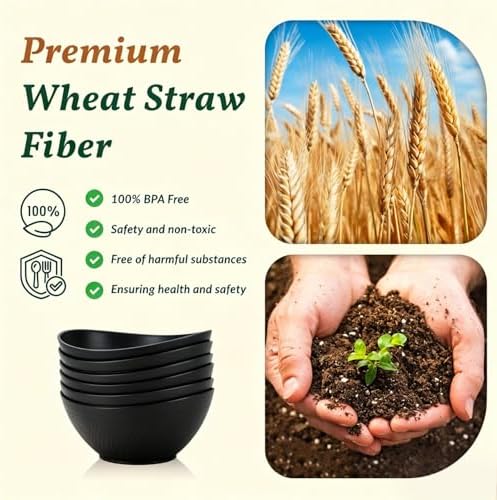 Homienly Wheat Straw Bowls Set of 6, 60 OZ Salad Bowl Large Capacity for Soup, Popcorn - Unbreakable Serving Bowl - Microwave & Dishwasher Safe Bowl, Alternative for Plastic Bowls for Kitchen - Black