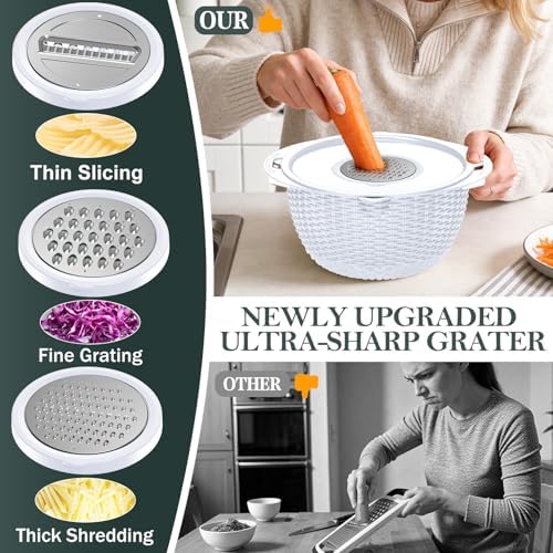 4-1 Colander with Bowl Set - Rotatable Colander for Kitchen(Patented) - Strainers and Colanders - Pasta Strainer with New Upgraded Graters for Fruit Veggie Fun Kitchen Presents - White