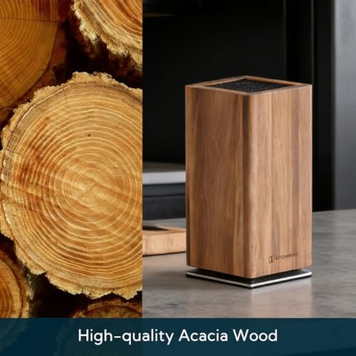 KITCHENDAO Magnetic Knife Block without Knives, 360° Rotatable Acacia Wood Knife Holder, Large Knife Storage with Magnet for Knives & Utensils, Kitchen Countertop Organizer