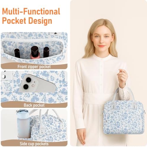 Lunch Bag Large Insulated Lunch Box for Women Men Adult Cute Blue Floral Lunchbox Corduroy Lunch Bags Boxes Pail with Shoulder Strap for Work Mom Picnic Office Travel 11.4×6.8×9.1 inches 11.5L