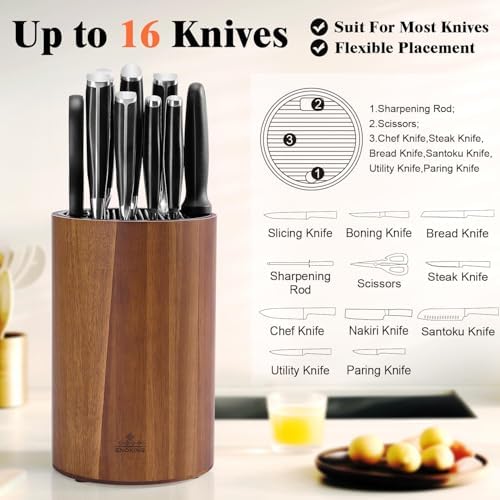 Universal Knife Block Without Knives, Acacia Wood Round Knife Holder